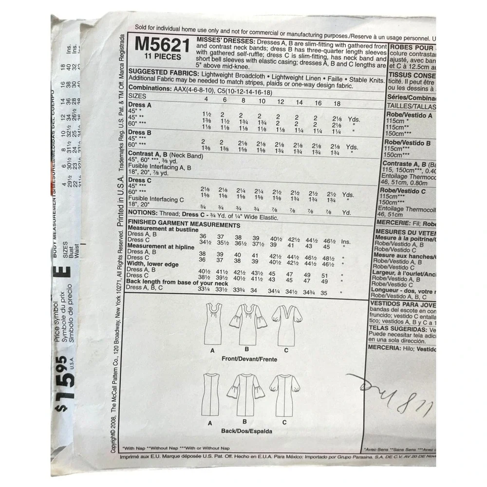 McCalls Sewing Pattern 5621 Dress Misses Size 4-10